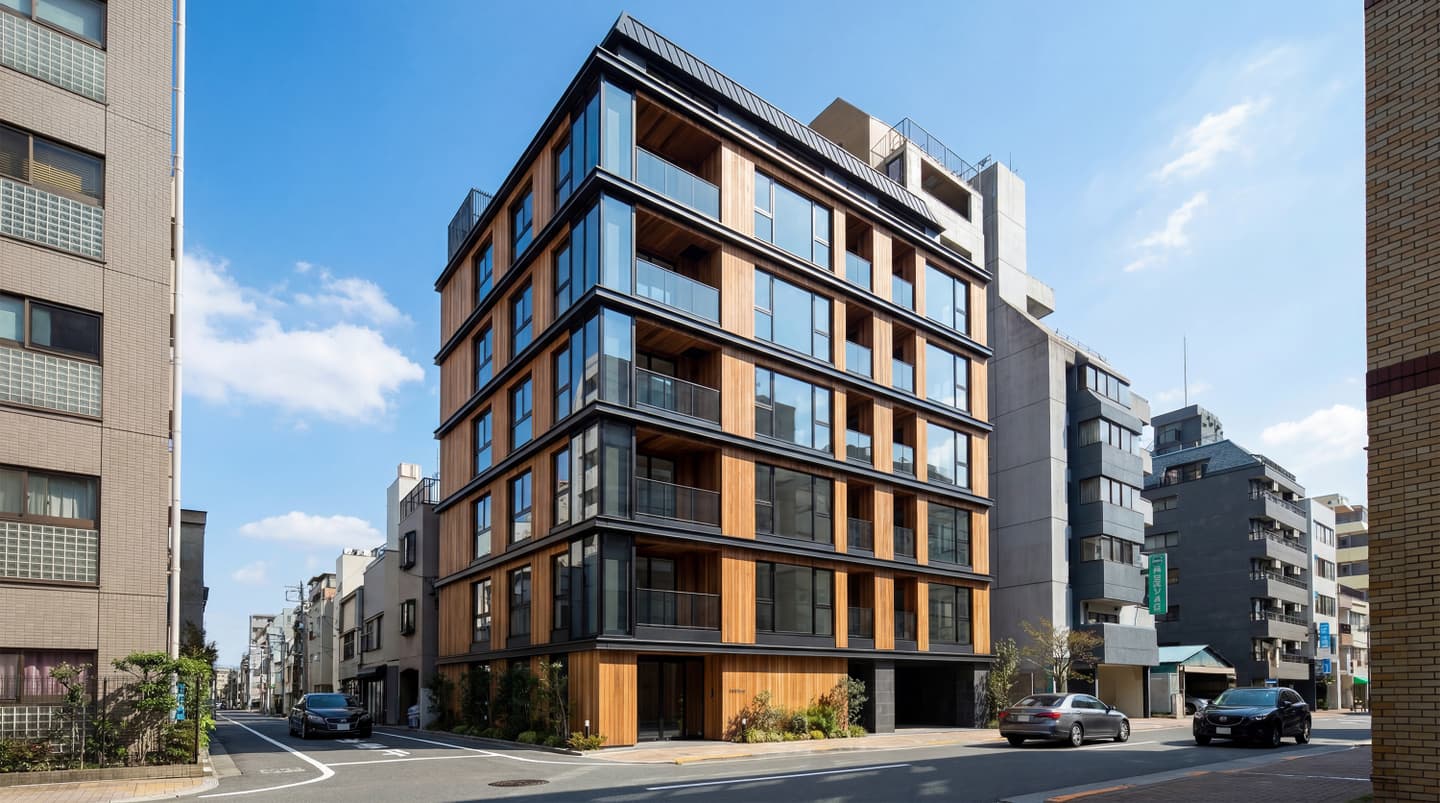 木目調パネルと黒いフレームが特徴的な、モダンな角地の中層マンションのAI生成外観パース。晴天の都市部の街並み。