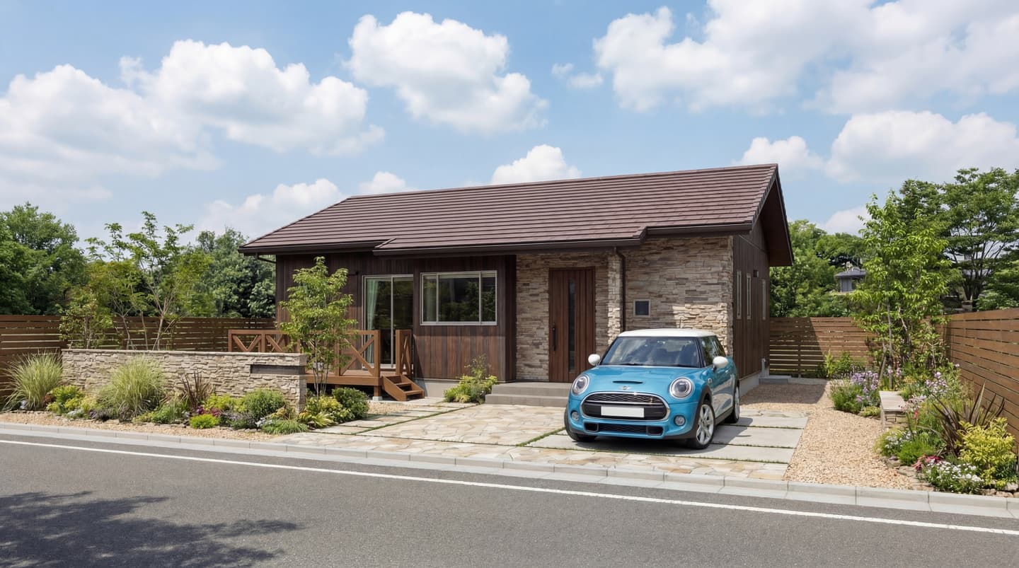 生成AIによる住宅建築パース作成事例：緑豊かな植栽とウッドデッキのあるスローライフな平屋の住まい 愛車が映えるカントリースタイルの家