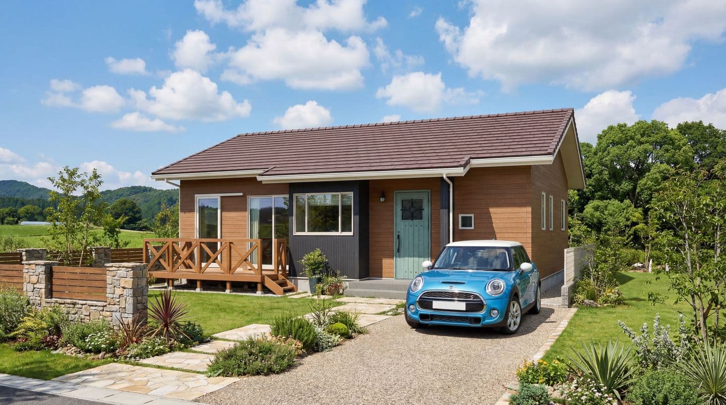 青空の下に建つ、木目調と黒のツートンカラーの外壁がおしゃれな平屋住宅のパース。ミントグリーンの玄関ドア、広いウッドデッキ、石畳のアプローチがある手入れの行き届いた庭、駐車場に停まった青いコンパクトカー。