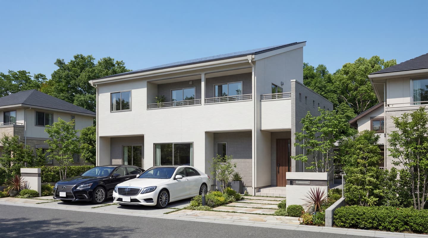 生成AIによる住宅パース作成事例：片流れ屋根が特徴的なシンプルモダンの2階建て注文住宅の外観パース。白を基調とした外壁に駐車場2台分のスペースと植栽を配置