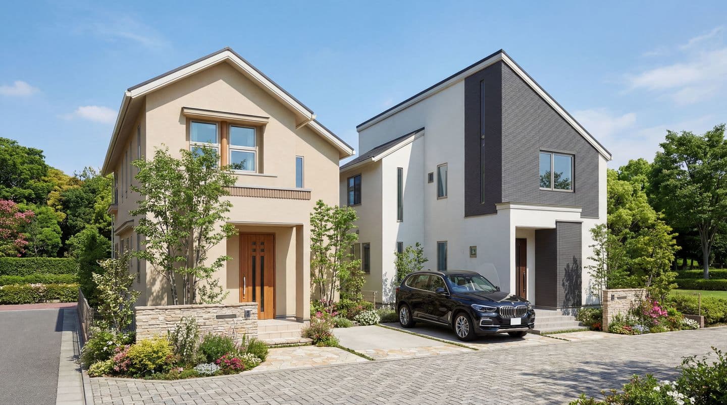 青空の下に並ぶ2棟のモダンな戸建て住宅パース。左側はベージュ系のナチュラルなデザイン、右側はモノトーンのスタイリッシュなデザイン。3D CADのモデリングと生成AIのレンダリング技術を組み合わせて制作され、手前の鮮やかな植栽や駐車された黒いSUV、石畳のアプローチまでフォトリアルに表現されている。