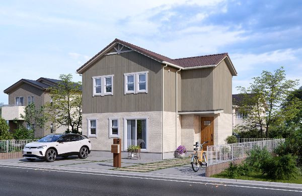 上部外壁は、淡いグリーンの木目調のサイディングで下部外壁は白いブリック調サイディング、屋根には洋風瓦を使用した住宅パースの制作事例