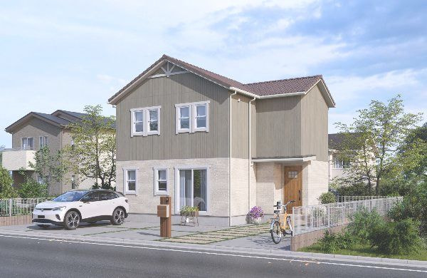 上部外壁は、淡いグリーンの木目調のサイディングで下部外壁は白いブリック調サイディング、屋根には洋風瓦を使用した住宅パースの制作事例