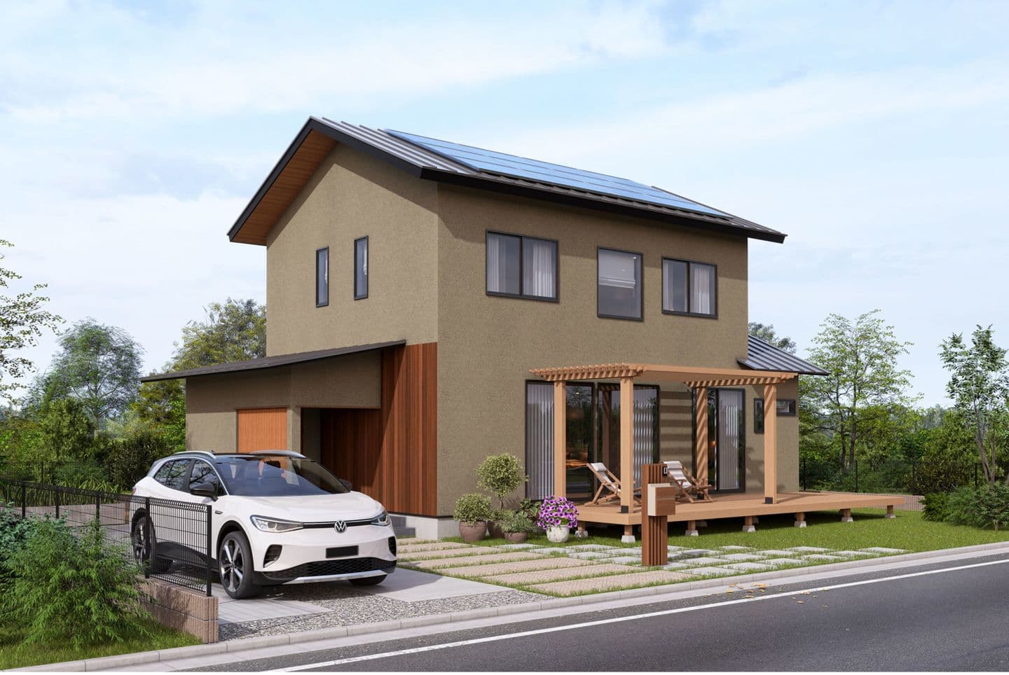 外壁が茶系の住宅パース