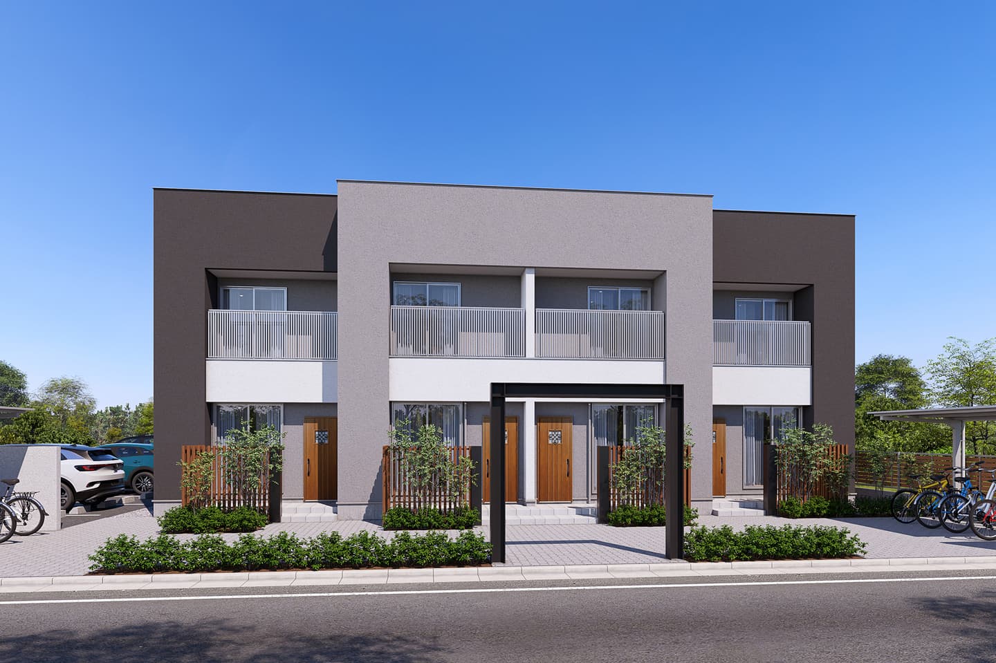 外壁がモノトーン調のアパート外観パースの制作事例