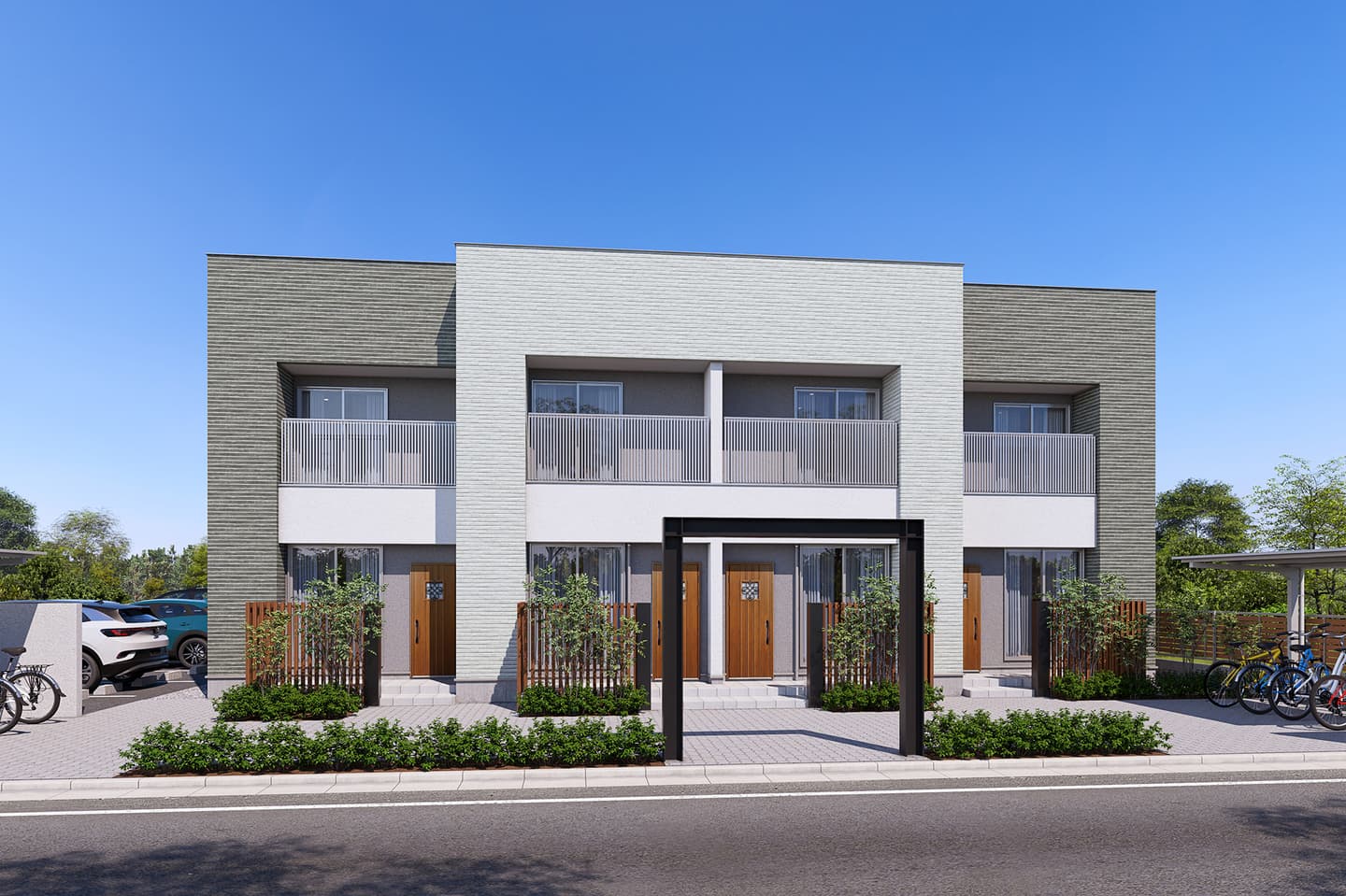 外壁がボーダータイル調のアパート外観パースの制作事例