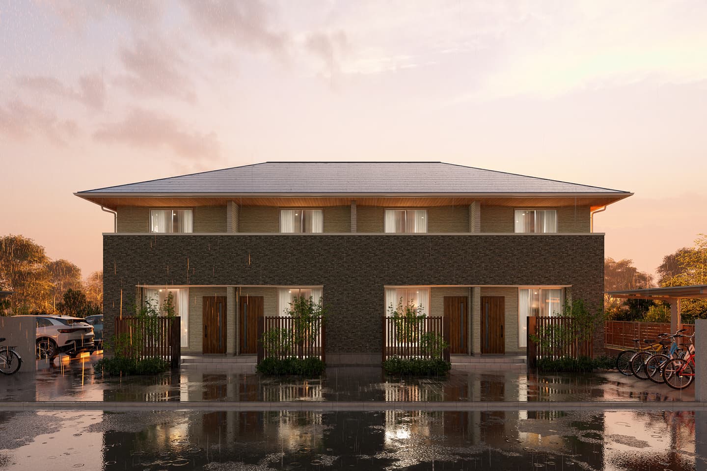 雨の日の夕景のアパート外観パースの制作事例