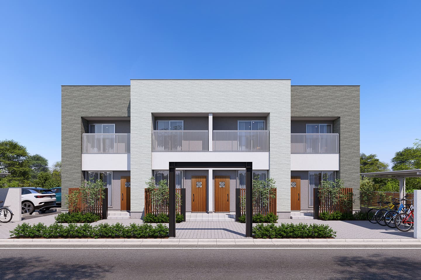 正面からのアングルのアパート外観パースの制作事例