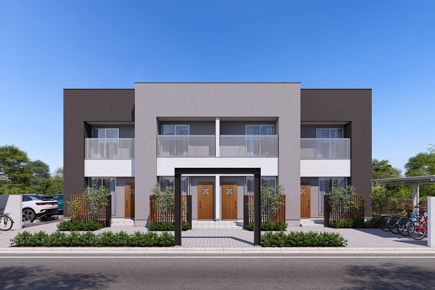 正面からのアングルのアパート外観パースの制作事例