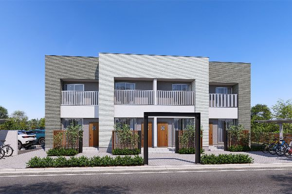 ボーダータイル調外壁のアパート外観パース