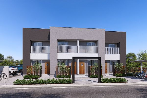 モノトーン調外壁のアパート外観パース