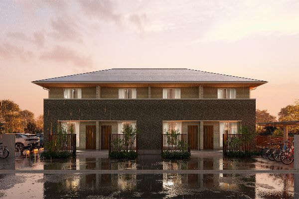 雨の降る中の夕景アパート外観パース