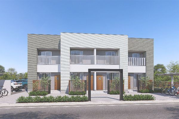 ボーダータイル調外壁のアパート外観パース