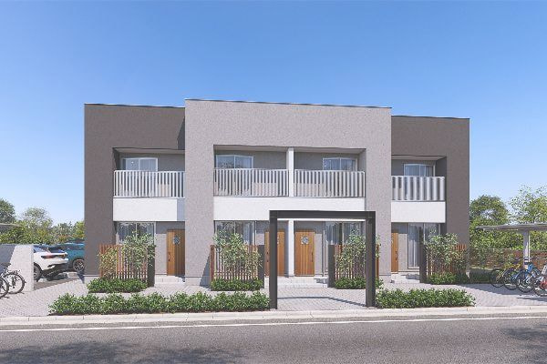 モノトーン調外壁のアパート外観パース