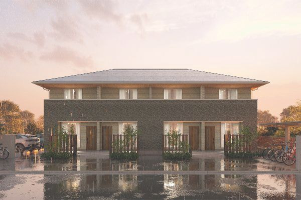 雨の降る中の夕景アパート外観パース