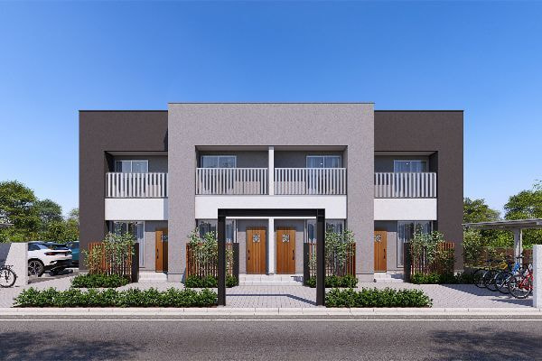 正面からのモノトーン調外壁のアパート外観パース