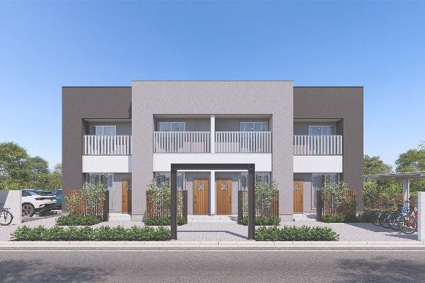 正面からのモノトーン調外壁のアパート外観パース