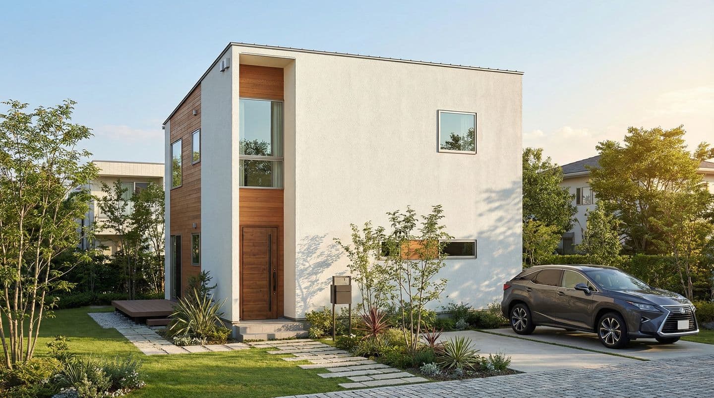 AIで生成されたモダンな2階建て住宅の建築パース。白い塗り壁と木製サイディングのアクセント、手入れされた芝生の庭、石畳のアプローチ、駐車されたダークグレーのSUVが描かれている。青空の下の明るい外観。