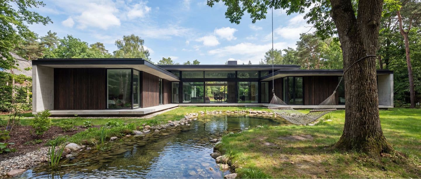 生成AIによる住宅建築パース作成事例：森の中に佇むモダンな平屋の別荘と、池やハンモックがある癒やしの庭