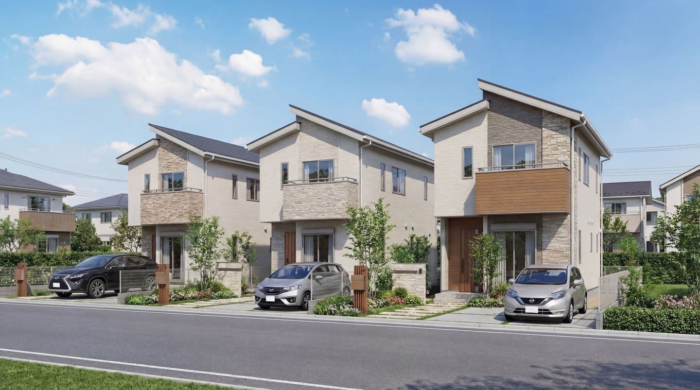 生成AIによる住宅パース作成事例：全3区画の日当たり良好な新築分譲住宅の完成予想図（カースペース2台・植栽あり）