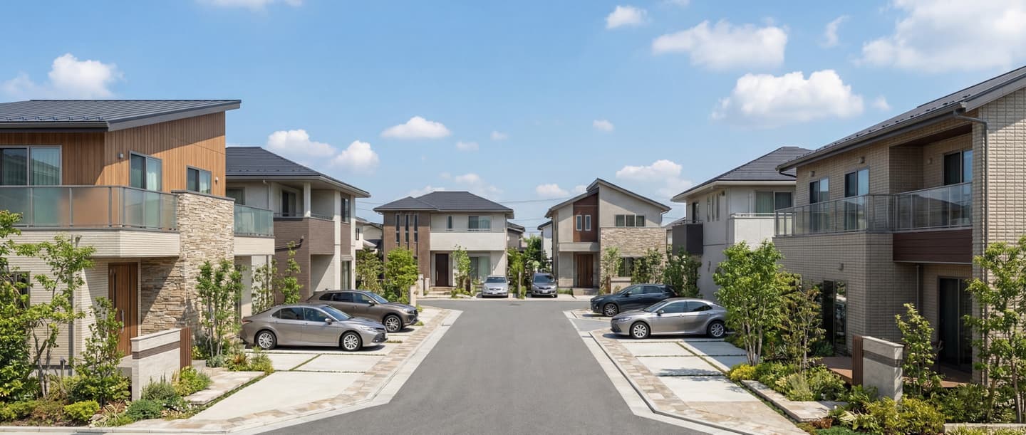 生成AIによる住宅建築パース作成事例：全棟カースペース2台以上確保・緑豊かな植栽計画のある大規模分譲地の完成予想図