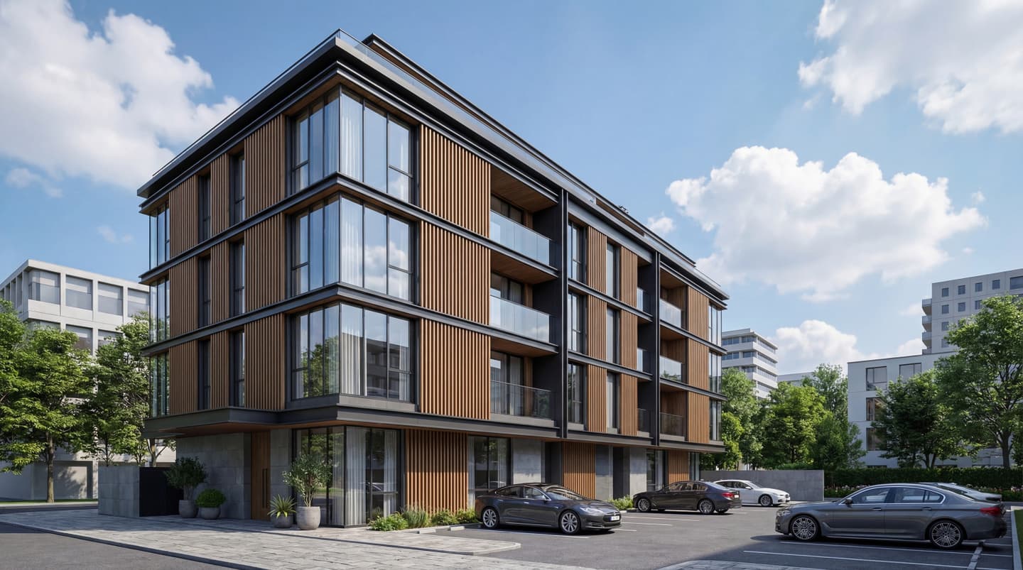 生成AIで制作したモダンな低層マンションの外観パース。木目調ルーバーとガラス手摺のデザイン、晴天の青空、駐車場と植栽の風景