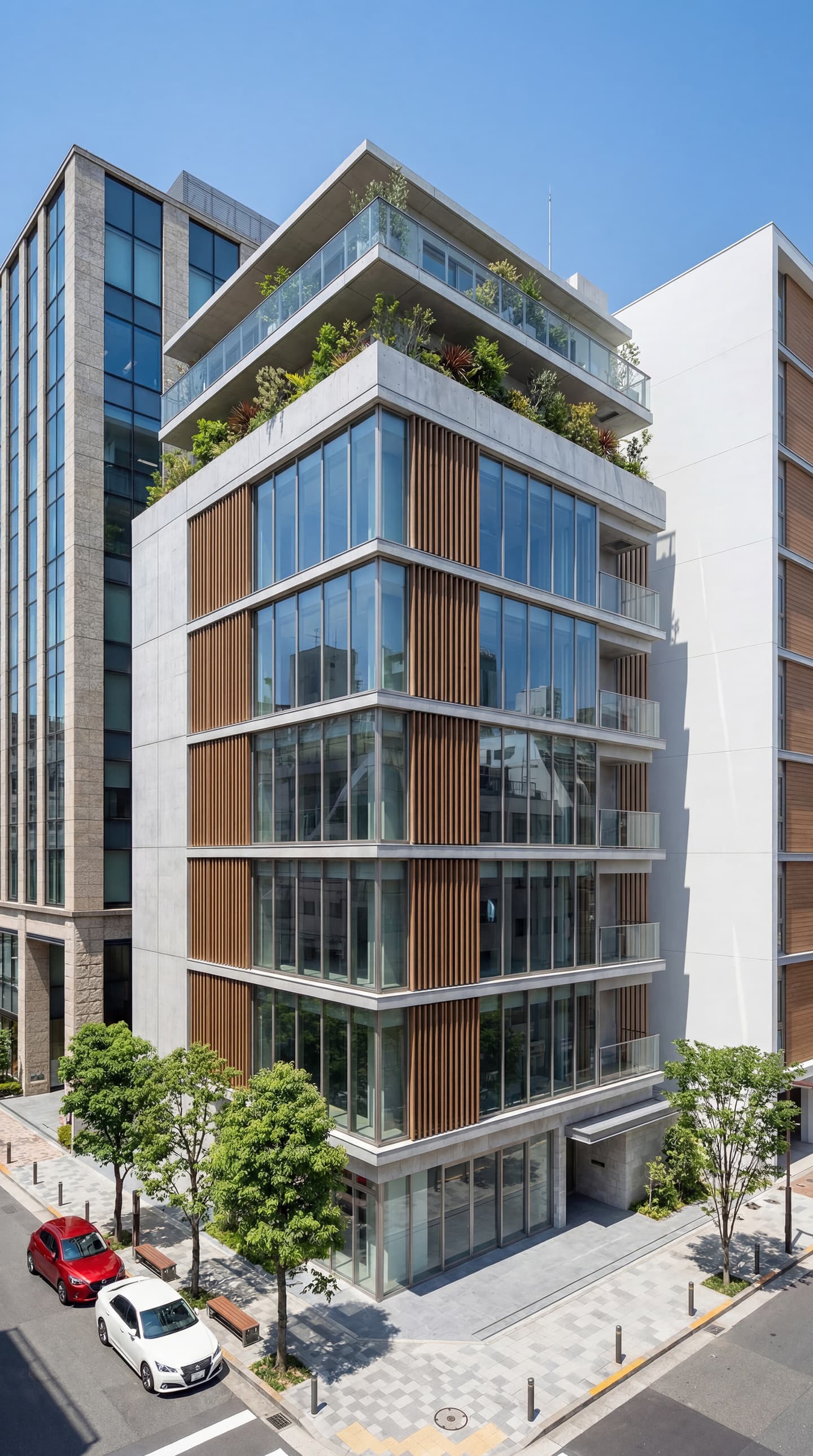 生成AIによる外観パース作成事例：木製ルーバーとガラスウォールのファサードが特徴的なモダンな中層オフィスビル外観。屋上緑化と角地の立地