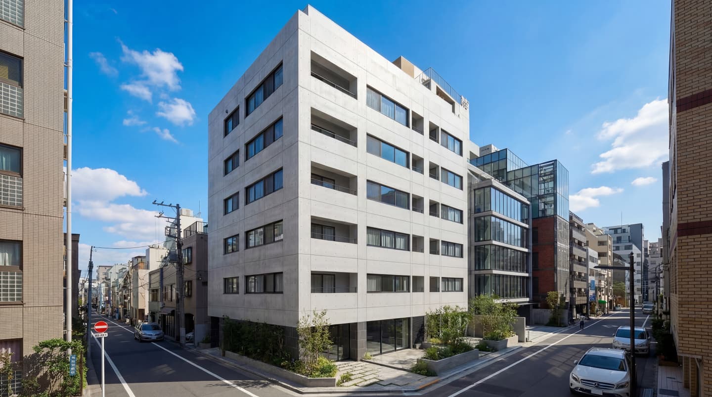 生成AIで制作したRC造マンションの外観パース。晴天の昼間、角地に建つコンクリート打ち放しのモダンな集合住宅。植栽や周辺の道路もリアルに表現されている。