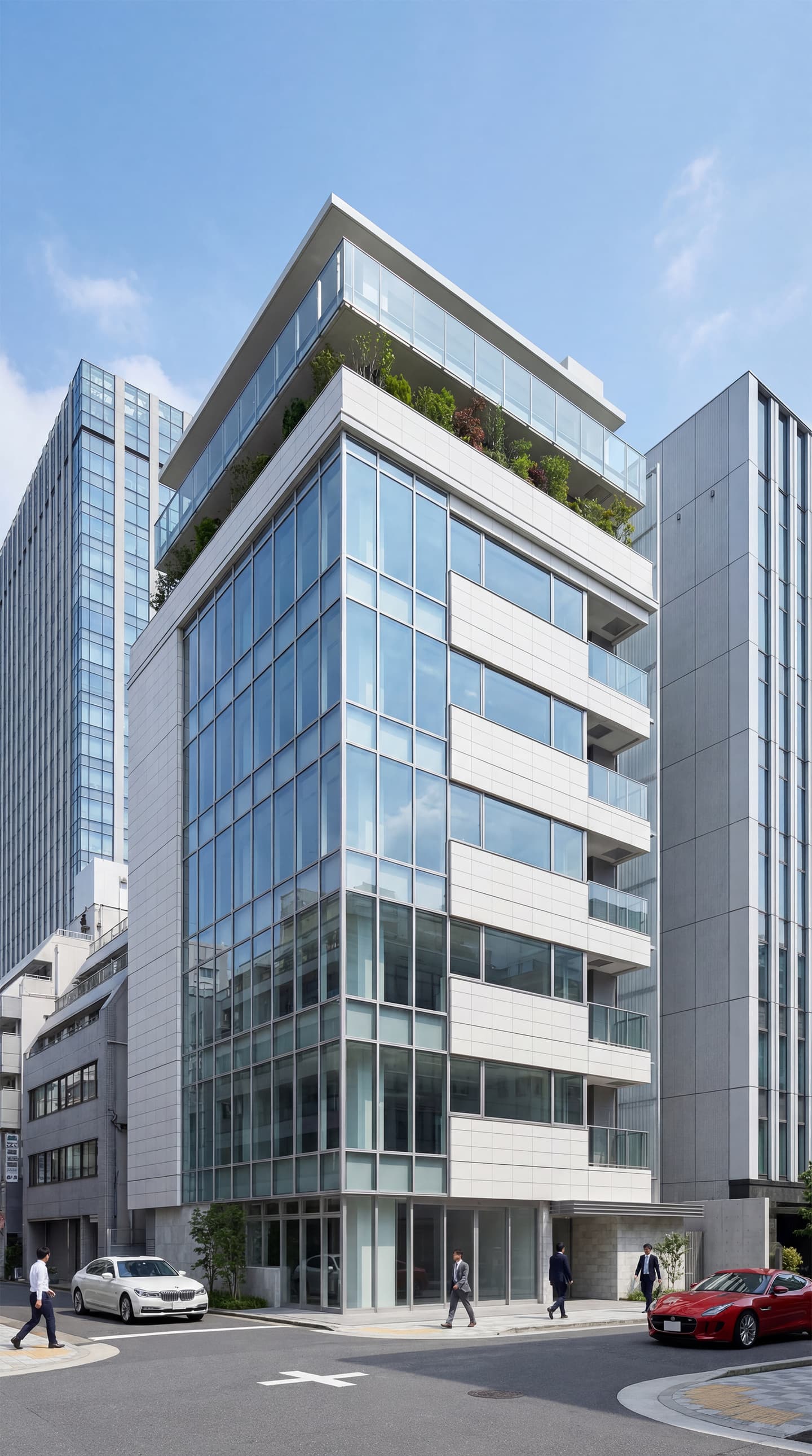 生成AIで制作したモダンなオフィスビルの建築パース。ガラス張りの外観と屋上緑化が特徴的な角地のビル