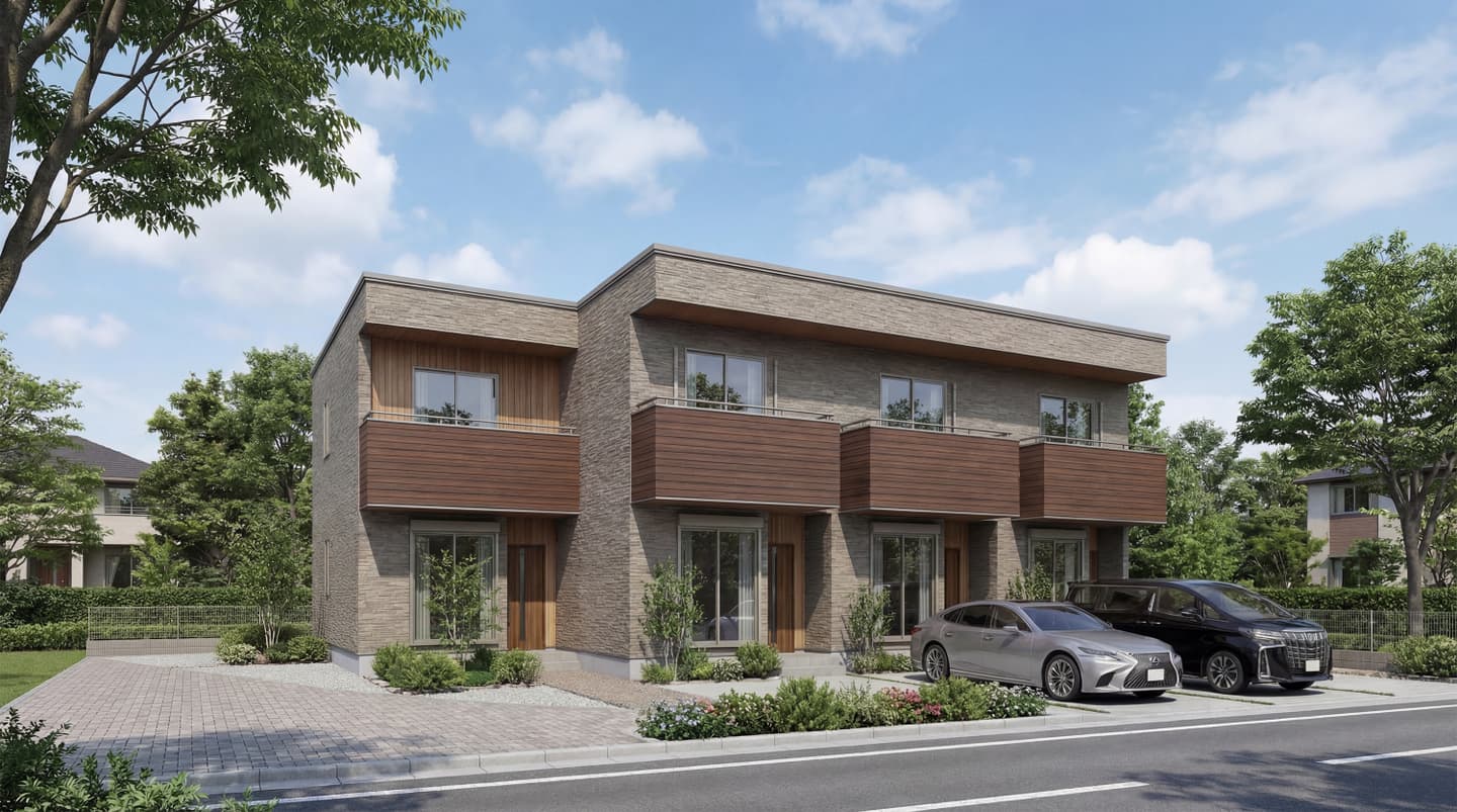 生成AIで制作したモダンな2階建てアパートの外観パース。石目調の外壁と木目調のバルコニー、青空、駐車場、植栽がある晴天の風景