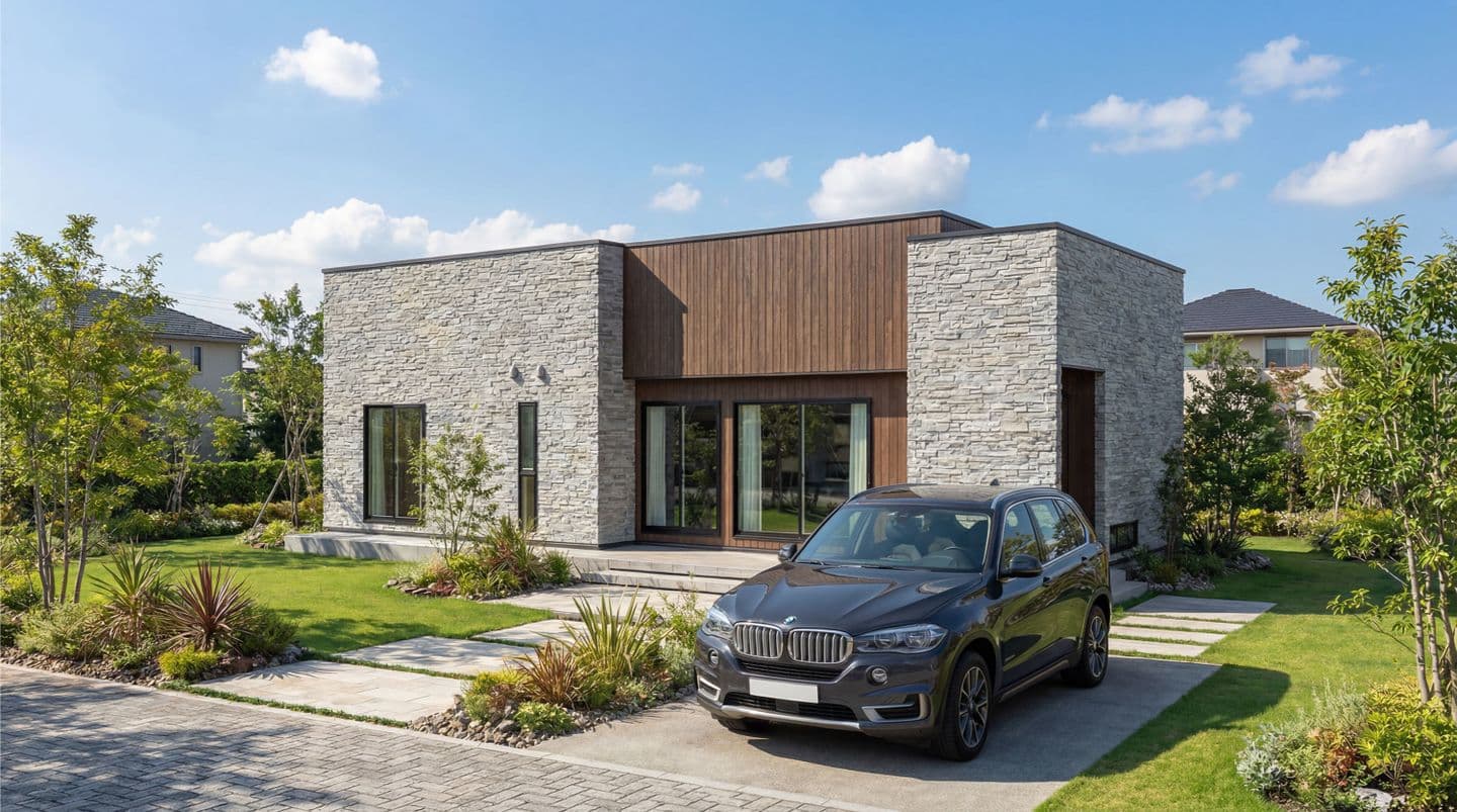 石張りと木目調サイディングを組み合わせたモダンな平屋注文住宅の外観パース。晴天の下、手入れされた芝生の庭と石畳のアプローチ、駐車スペースには黒いSUVが停まっている。