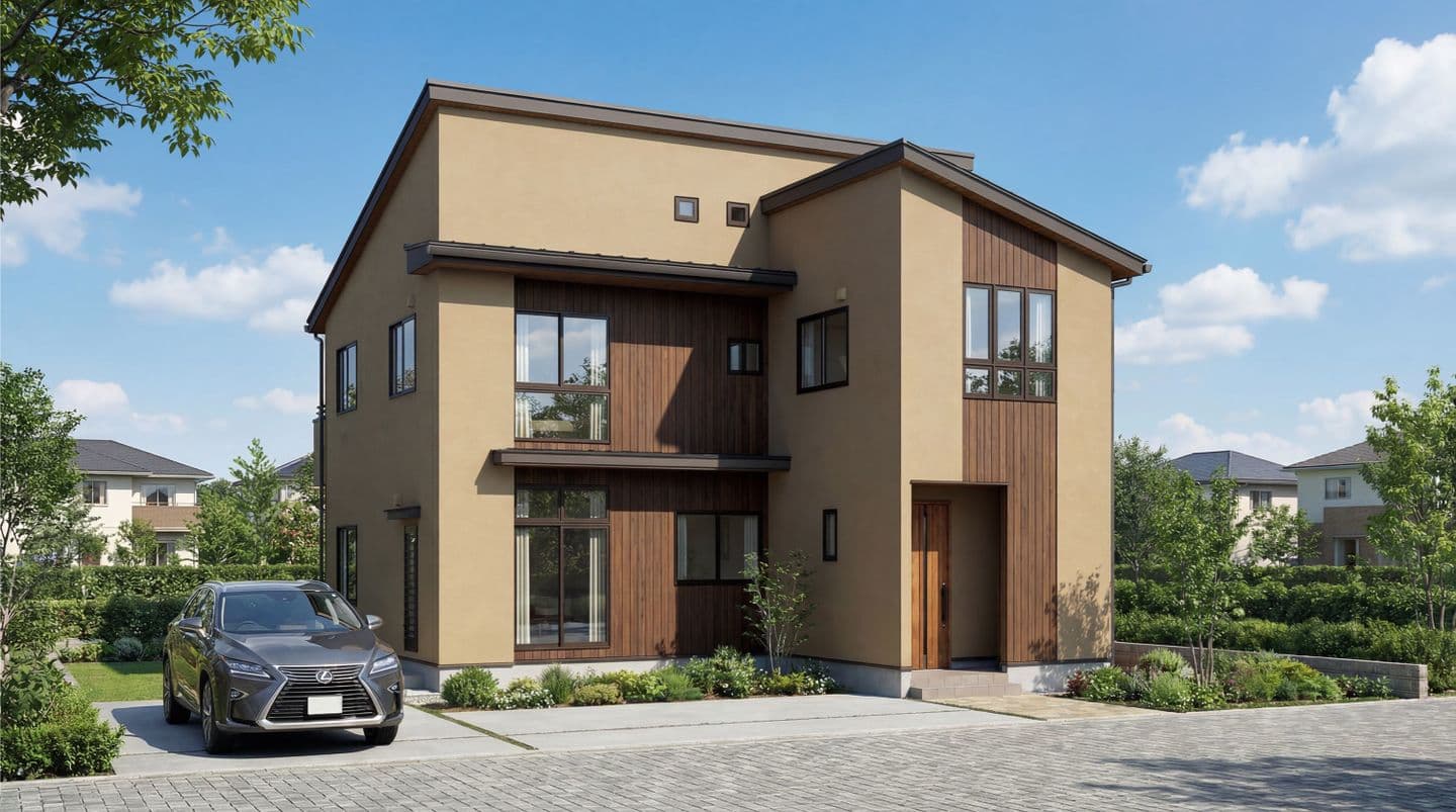 晴天の青空の下に建つ、ベージュの塗り壁と木目調アクセントが特徴的なナチュラルモダンスタイルの2階建て住宅の外観パース。片流れ屋根、駐車場には茶色のSUV、玄関アプローチには豊かな植栽が配置されている。