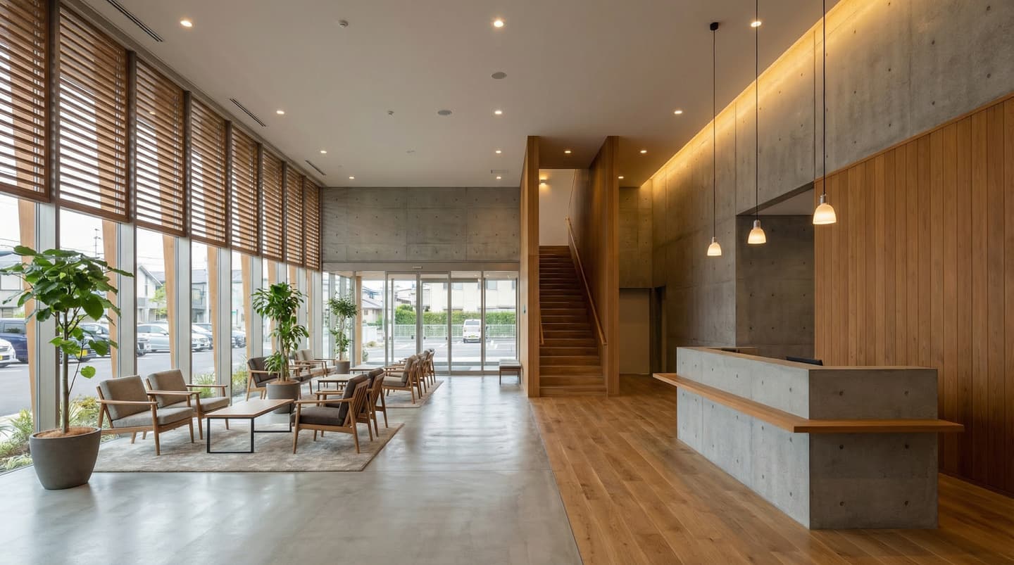 モダンなエントランスホールの内観パース。打ち放しコンクリートの壁と受付カウンター、温かみのある木目の床と階段、自然光が入る大きな窓と木製ルーバー、植栽のある待合スペース