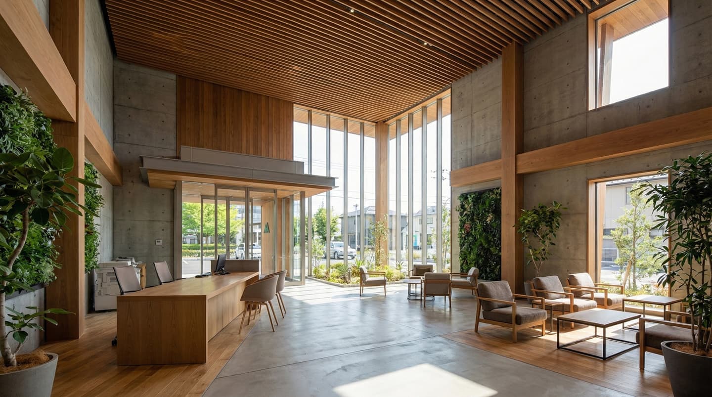 天井の高いモダンなオフィスロビーの内観パース。コンクリート打ち放しの壁と木製ルーバーの天井、壁面緑化が特徴。自然光が入る大きな窓、受付カウンター、木製の家具が配置されたラウンジエリア。