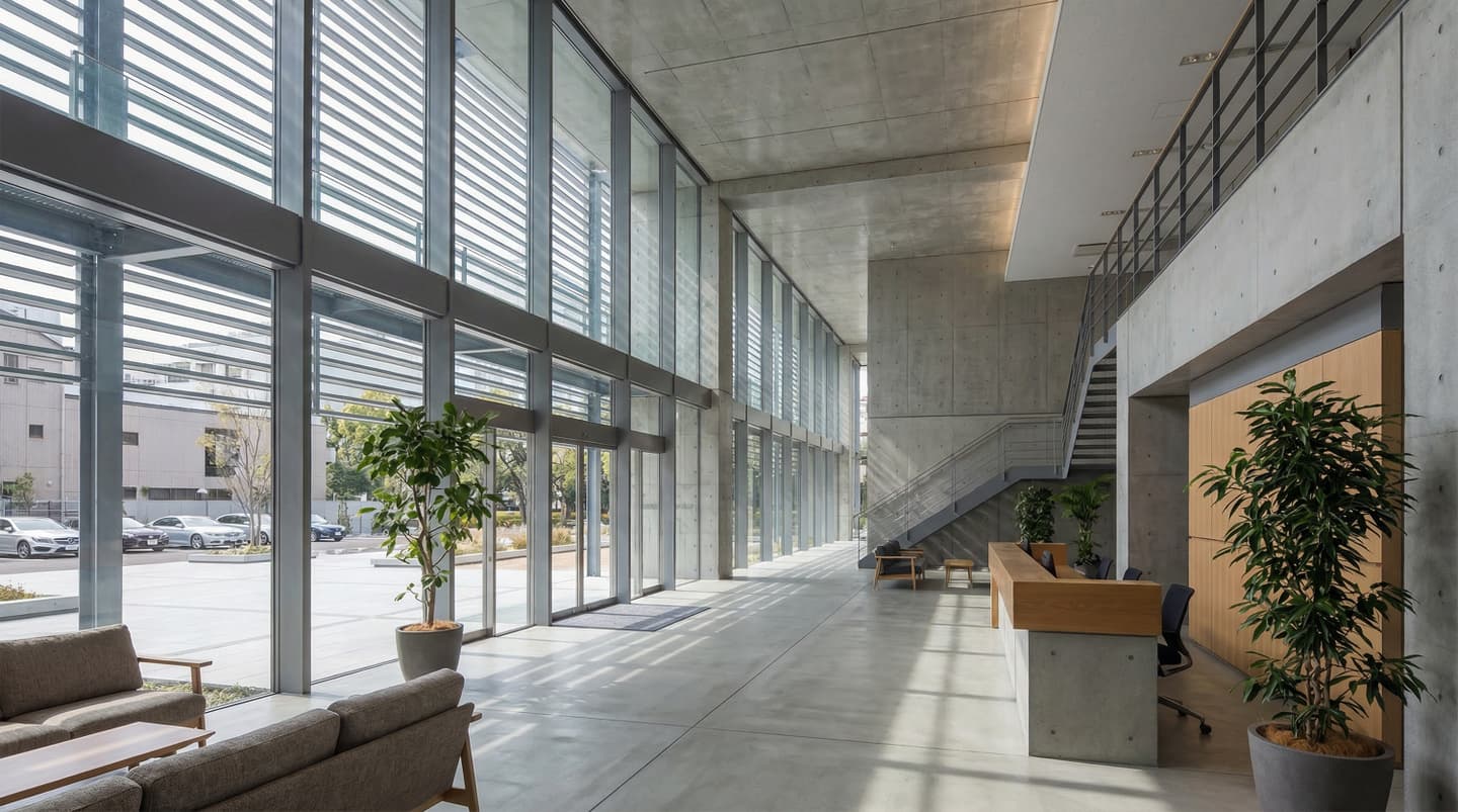コンクリート打ち放しの壁と高い天井を持つモダンなオフィスビルのエントランスロビーの内観パース。左側の全面ガラス張りの窓から自然光が差し込み、床に長い影を落としている。右側には木とコンクリートを組み合わせた受付カウンター、奥には2階へ続く金属手すりの階段がある。手前にはラウンジソファ、随所に観葉植物が配置され、洗練された開放的な空間デザイン。