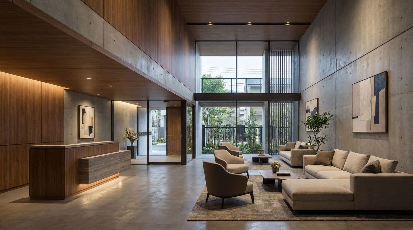 打ち放しコンクリートの壁と木目の天井が調和する、モダンな吹き抜けのエントランスホールの内観CGパース。左手に木製の受付カウンター、中央にベージュのソファセットがあるラウンジエリア。正面の大きな窓からは中庭の緑が見え、明るく開放的な空間デザイン。