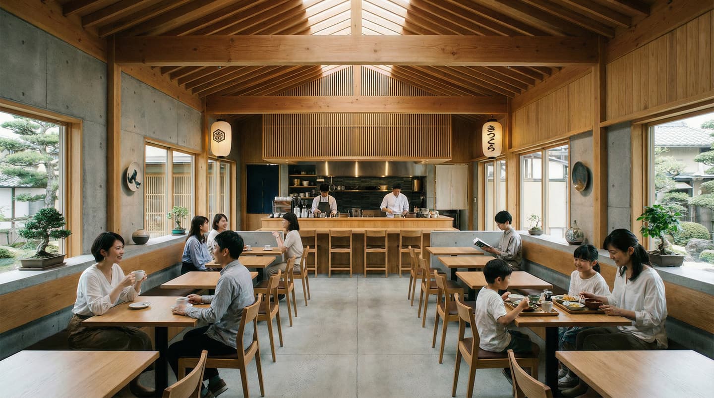 高い天井と木造トラスが特徴的な和モダンカフェの内観。天窓から光が差し込む明るい店内に、木製のテーブル席とカウンター席があり、食事を楽しむ人々や日本庭園が見える大きな窓が配置されている。