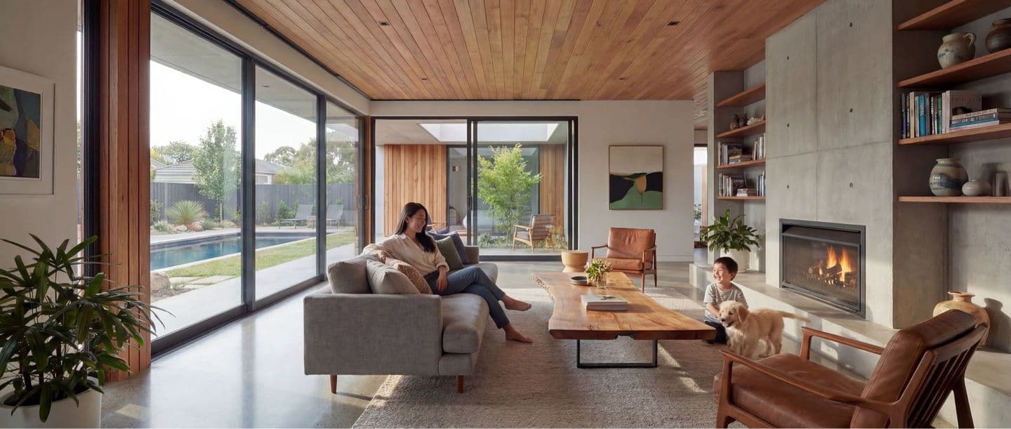 木の板張り天井と打ち放しコンクリート壁のモダンなリビング内観パース。グレーのソファでくつろぐ女性と暖炉の前で犬と遊ぶ子供、大きな窓の外にはプールと庭が見える開放的な空間デザイン