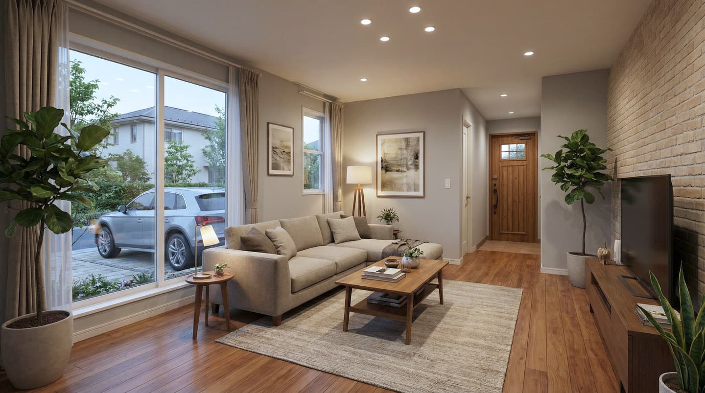 ナチュラルモダンなリビングの内観パース。ベージュのL字ソファ、レンガ調のアクセントウォール、木目の床が温かい雰囲気を演出。大きな窓からは駐車スペースの車と夕暮れの街並みが見える。ダウンライトとフロアランプの照明計画。生成AIによる建築イメージ。