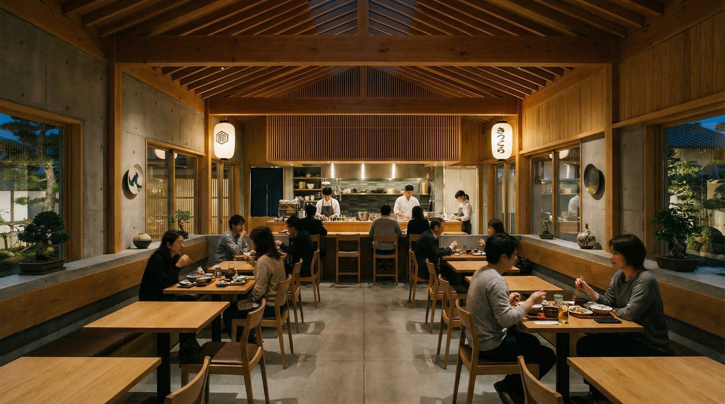 木造の梁とコンクリート壁が調和した和モダンなレストランの夜の内観パース。暖色系の提灯と照明の下、オープンキッチンで調理するシェフとテーブルで食事を楽しむ客の様子。大きな窓からは夜の日本庭園が見える。