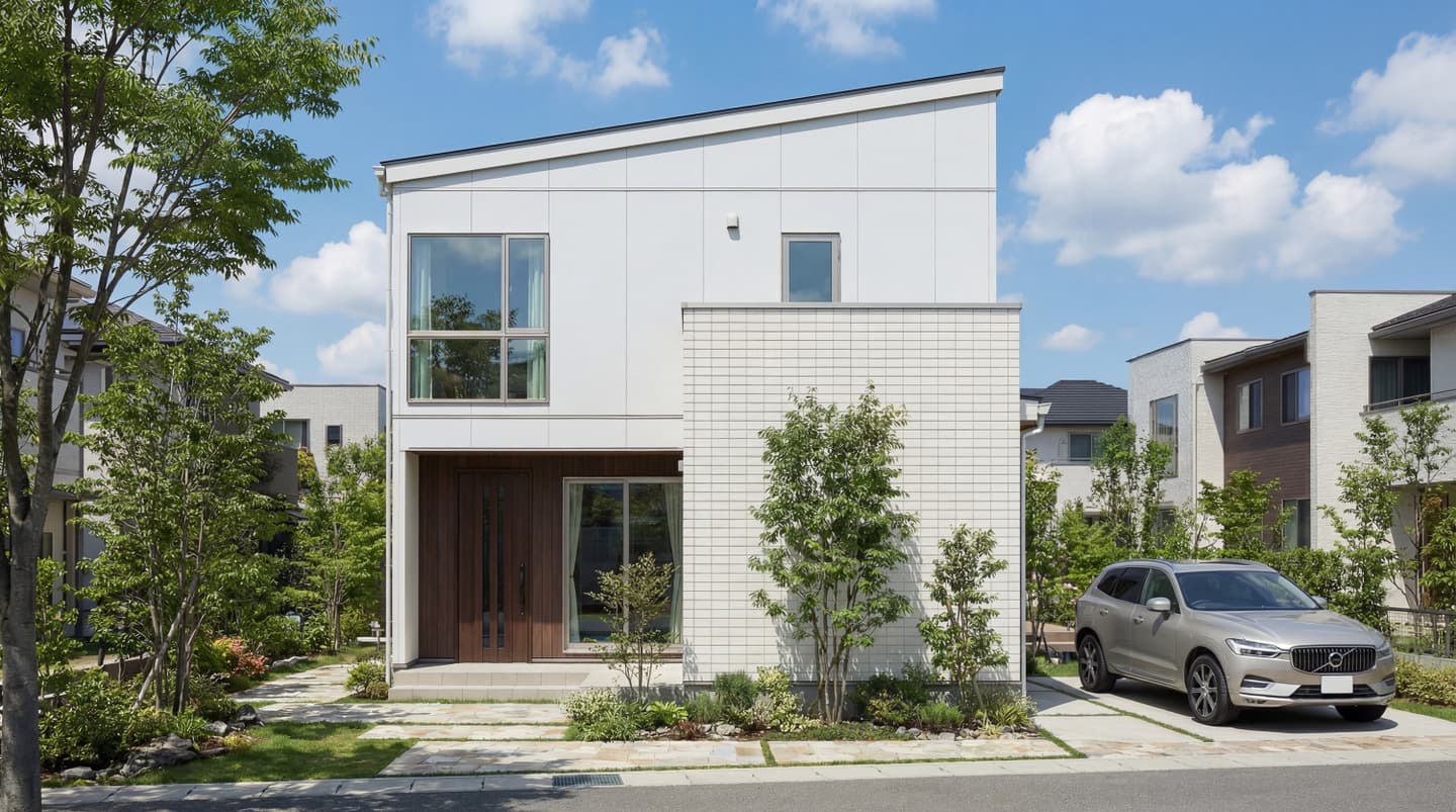 青空の下に建つ片流れ屋根の白いシンプルモダンな2階建て住宅の外観パース。玄関周りの木目アクセント、手入れされた庭、駐車スペースにあるSUV車。