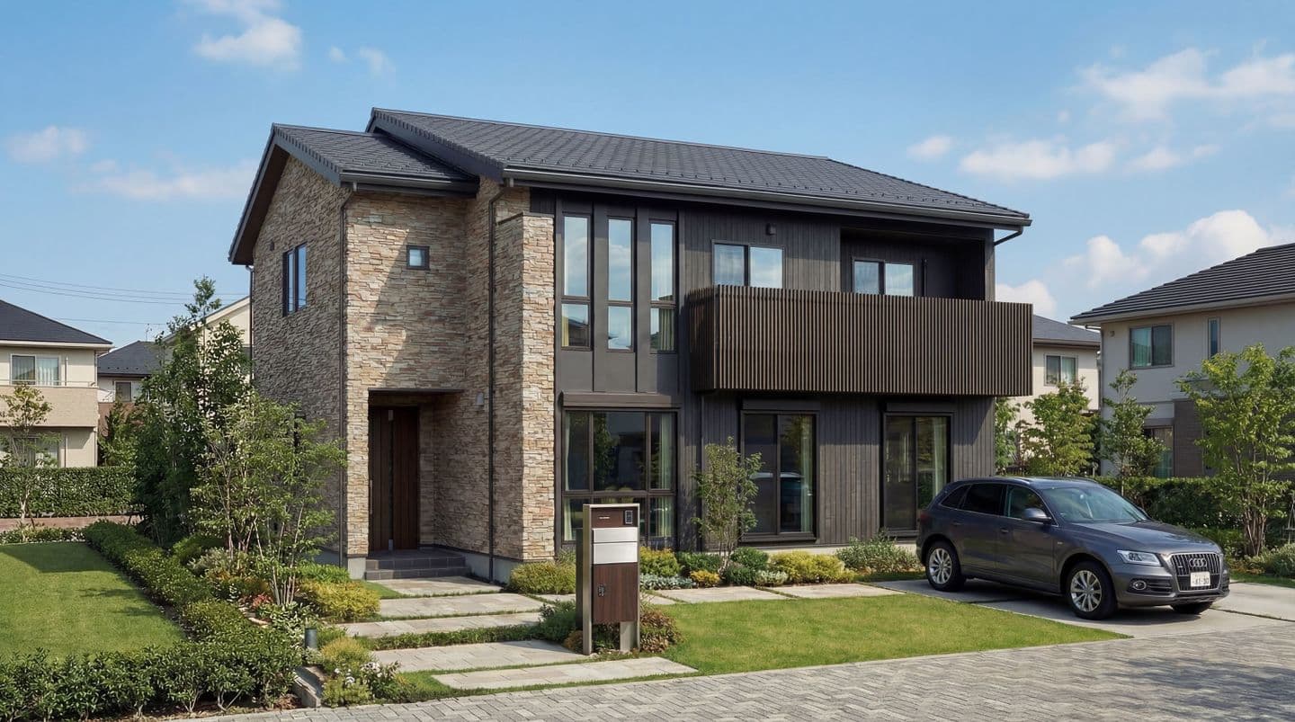 生成AIによる住宅建築パース作成事例：石目調とダークカラーのサイディングを組み合わせたモダンな2階建て住宅の外観デザイン