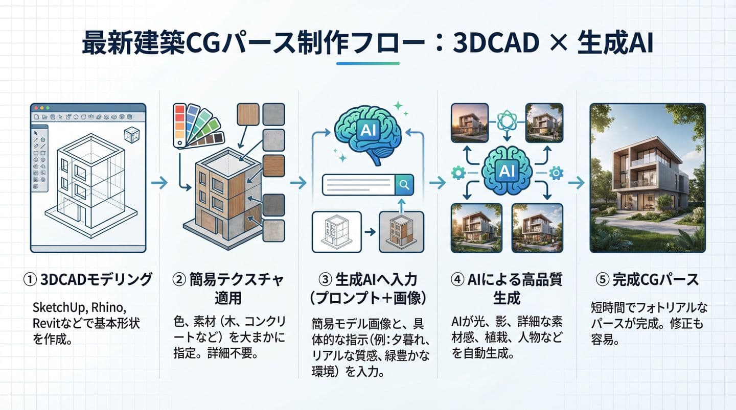 最新建築CGパース制作フロー図解：3DCADと生成AIの連携プロセス。①モデリング（SketchUp/Revit等）、②簡易テクスチャ適用、③プロンプトと画像によるAI入力、④AIによる光・影・植栽の自動生成、⑤フォトリアルな完成CGパースまでの5段階を解説。