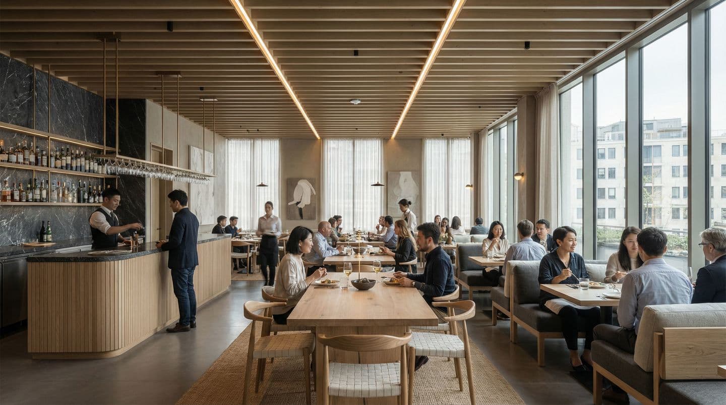 天井に木製ルーバーと長い直線照明があるモダンなレストランの内観パース。大きな窓から自然光が入り、木製のテーブル席や大理石のバーカウンターで多くの人々が食事を楽しんでいる。温かみのあるベージュとグレーを基調としたジャパンディスタイル。
