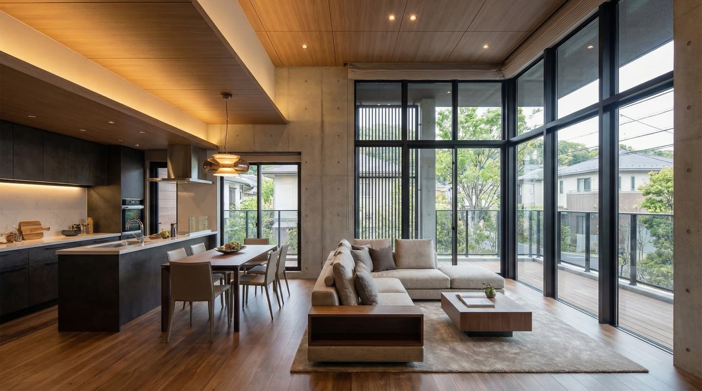 モダンなRC住宅の内観パース。コンクリート打ち放しの壁と木目天井の間接照明が特徴的な、大開口窓のある開放的なLDKとアイランドキッチン