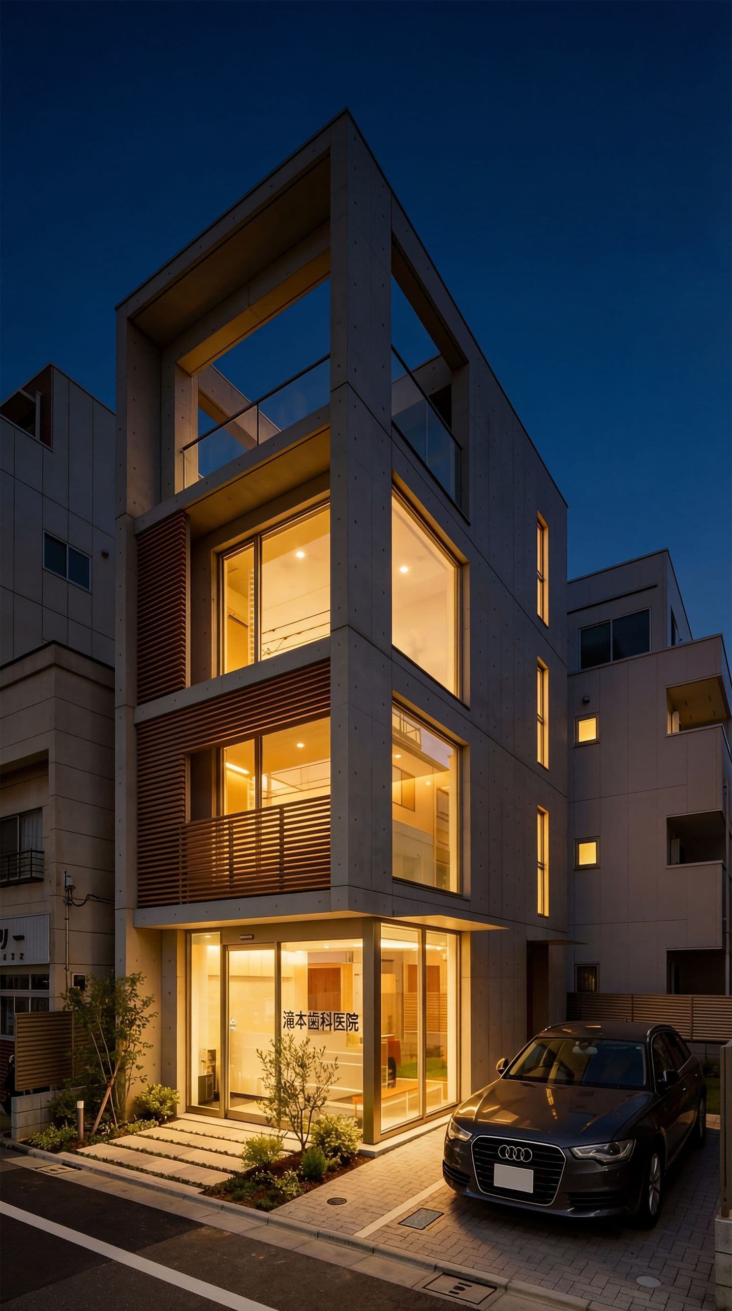 夜の街に建つモダンな4階建てコンクリート打ち放しの歯科医院のAI生成パース。大きなガラス窓から温かい光が漏れ、木製のルーバーがアクセントになっている。1階には「滝本歯科医院」のサインが見え、入り口横には植栽、前にはグレーのセダンが駐車されている。