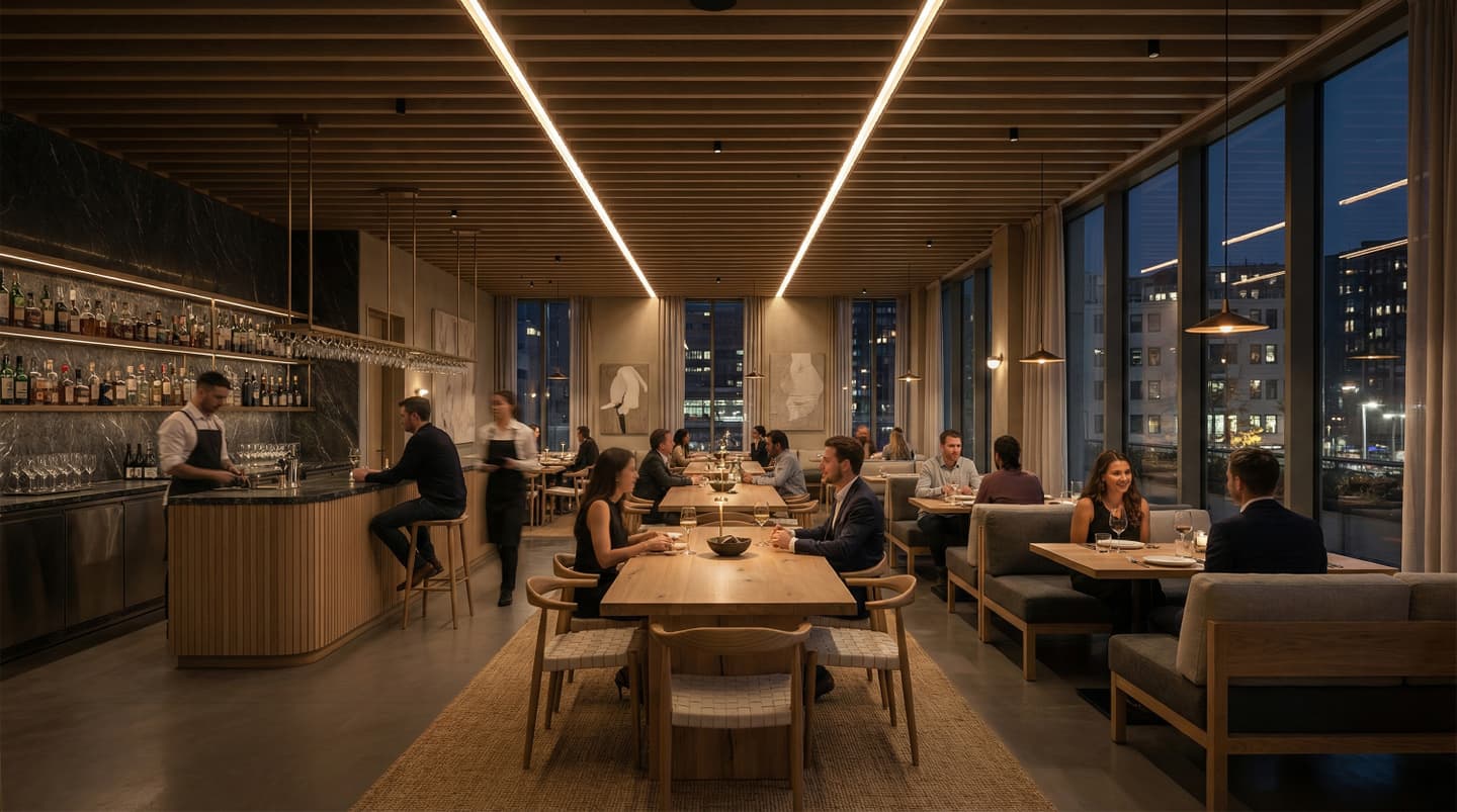夜景が見えるモダンなレストランの内観パース。木製の天井ルーバーと大理石のバーカウンターがあり、暖色の照明が落ち着いた雰囲気を演出している。テーブル席やソファ席では人々が食事や会話を楽しみ、窓の外には都市のビルの明かりが見える。AI生成画像。