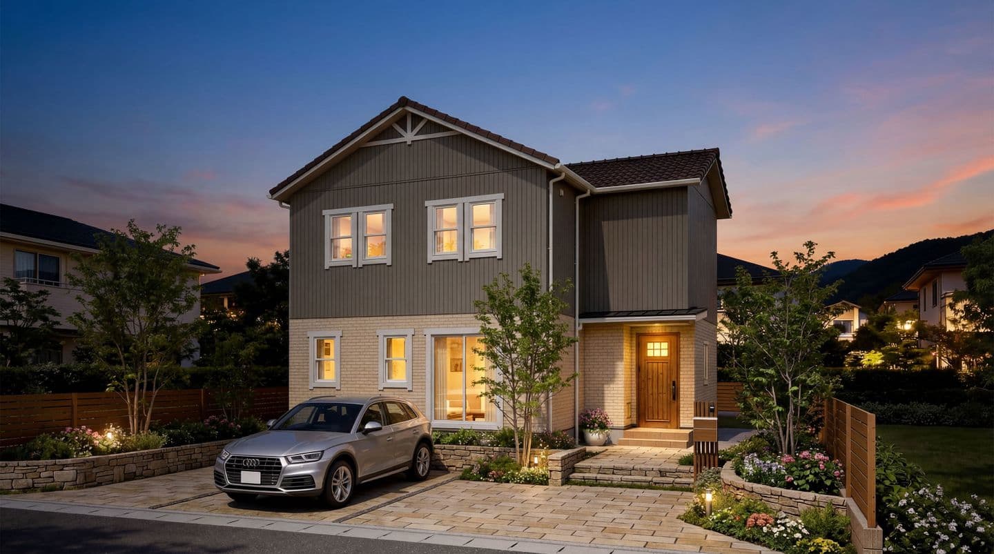 生成AIで制作された2階建て住宅の夕景外観パース。夕暮れの空を背景に、窓から暖かな光が漏れるモダンな家。手前の石畳の駐車場にはシルバーのSUVが停まり、手入れされた庭木や花壇が配置されている。