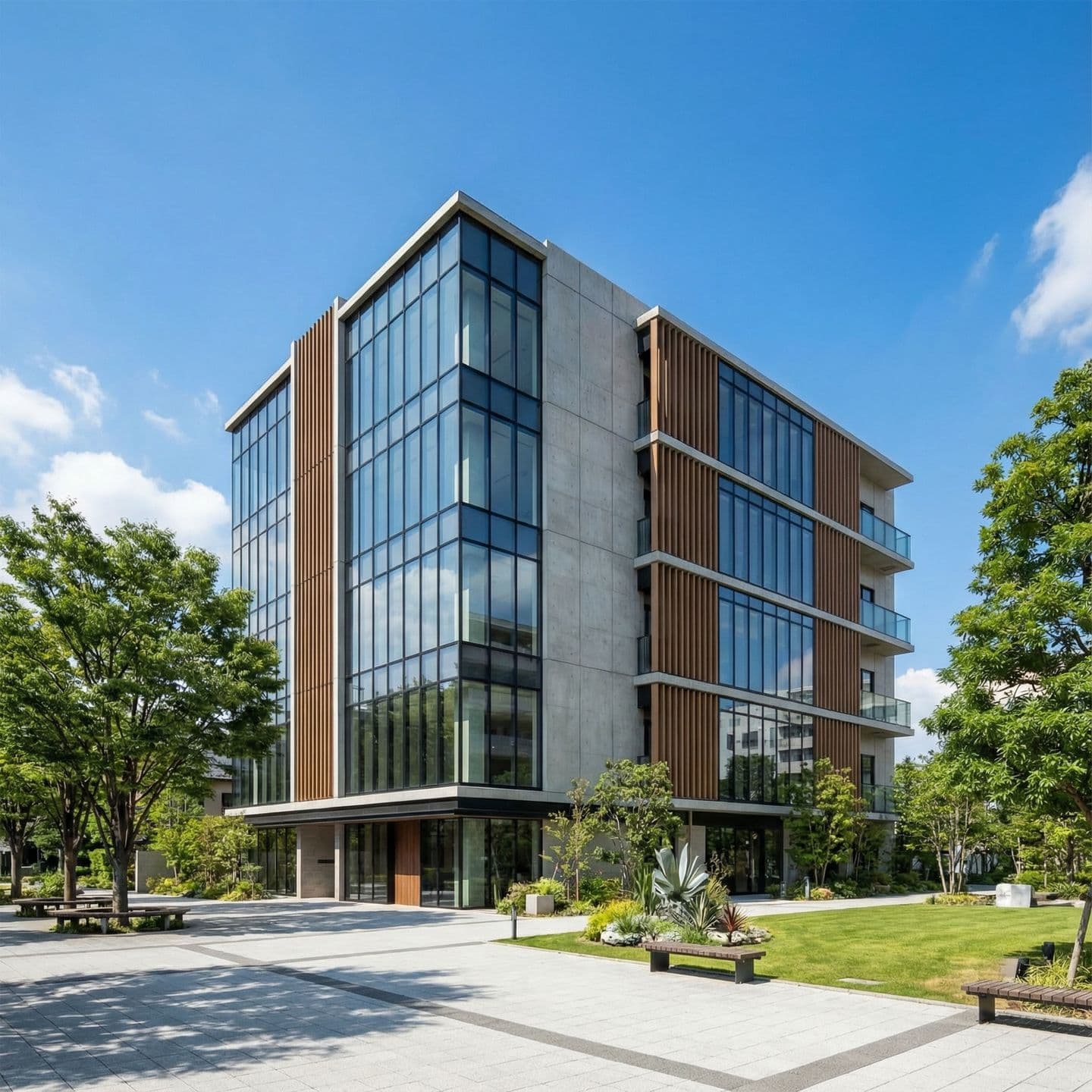 青空の下に建つ、ガラスカーテンウォールとコンクリート、木製ルーバーを組み合わせたモダンな5階建てオフィスビルの外観パース。建物の手前には手入れされた芝生、植栽、ベンチがあり、舗装された広場が広がっている。