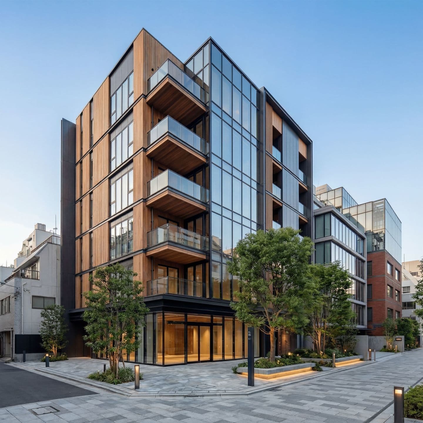 木材パネルとガラスカーテンウォールを組み合わせた現代的な7階建て複合ビルの外観パース。夕暮れ時の街角に建ち、1階にはガラス張りのロビーと植栽豊かな広場がある。